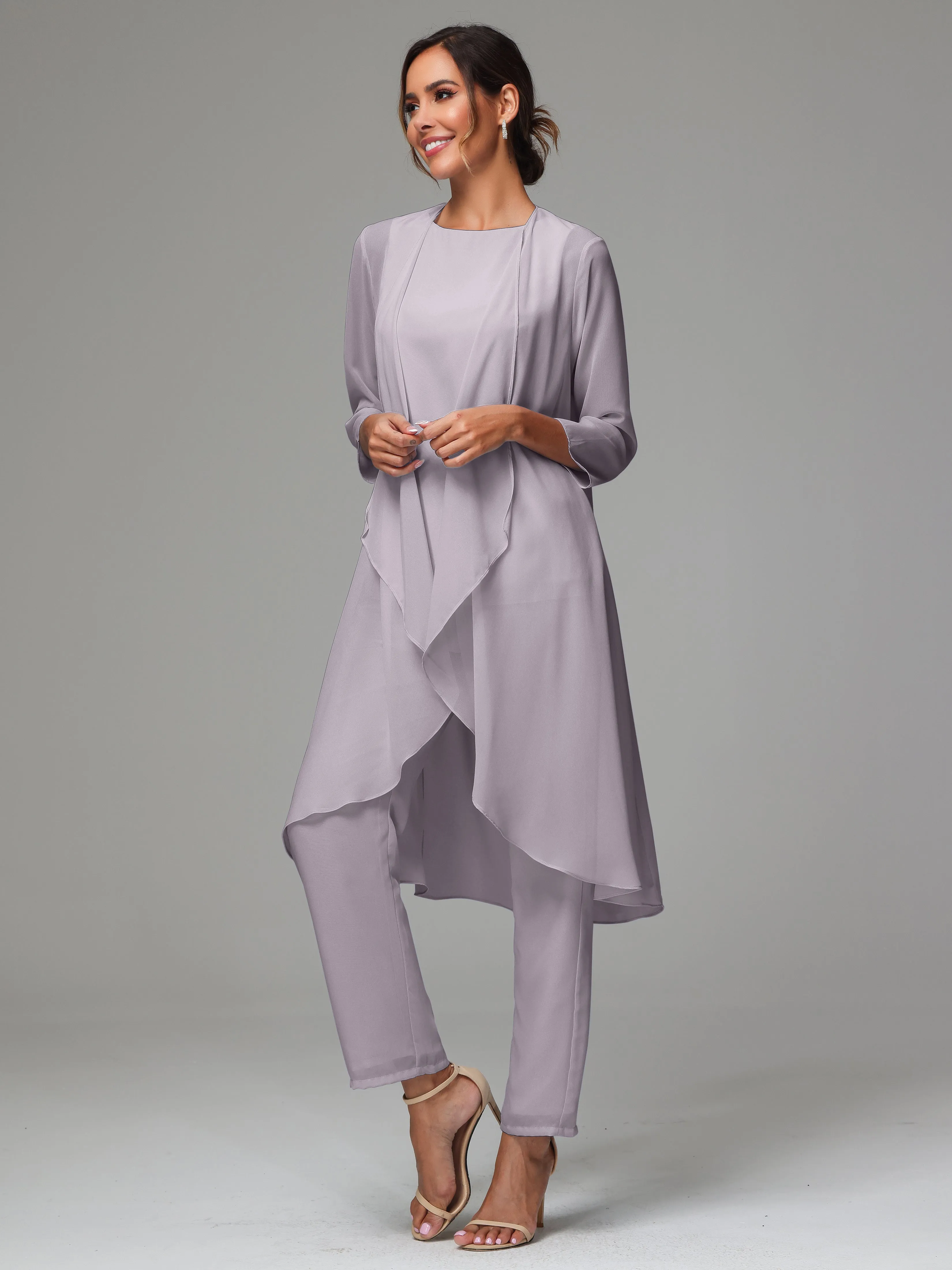 3 Pieces Long Sleeves Chiffon Mother Of The Bride Dress Pants Suits
